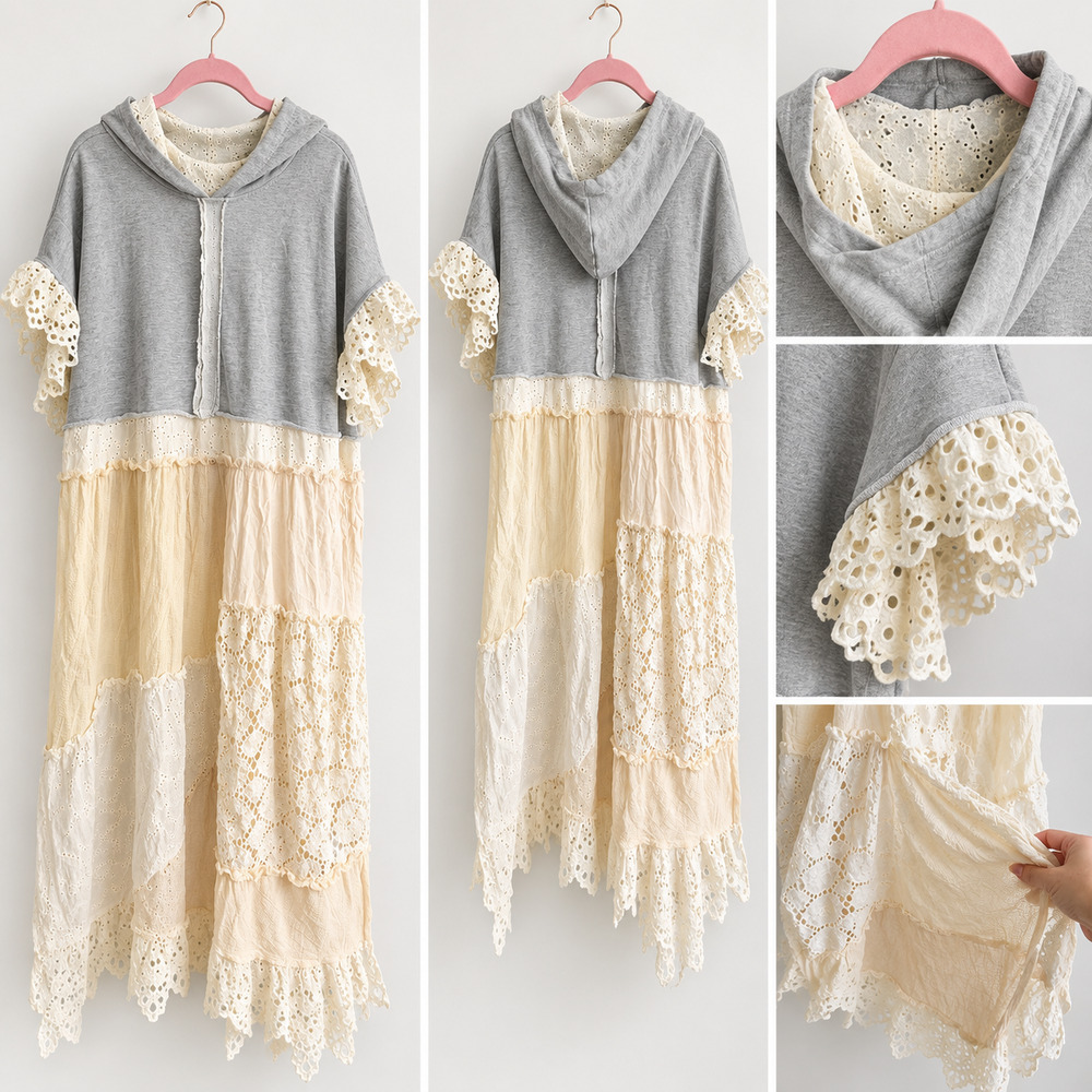 Boho Patchwork Hooded Maxi Dress Gray Cream Lace Cottagecore